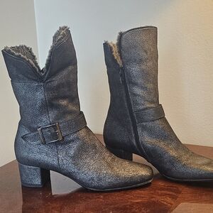 Bettina Black Metallic Leather Ankle Boots, Made in Italy with Fur Cuff - Narrow